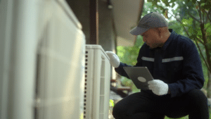 HVAC technician in a gray cap and work gloves crouching by an outdoor AC unit while checking a tablet