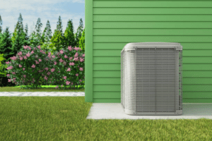 Outdoor AC condenser unit on a concrete pad beside green siding with blooming pink lilac bushes