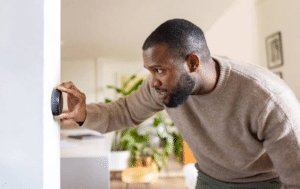 Man adjusting a wall-mounted thermostat to control his home's indoor temperature.
